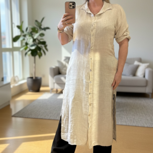 Diza linendress Beige dubbelstorlekar